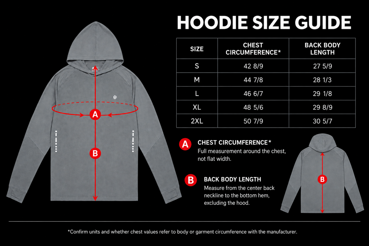 Performance Hoodie size guide: chest circumference and back body length, sizes S to 2XL